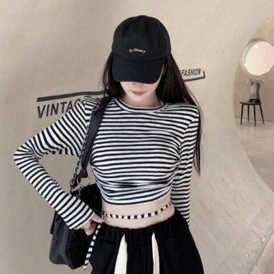 条纹T恤长袖彩色凹凸短款上衣